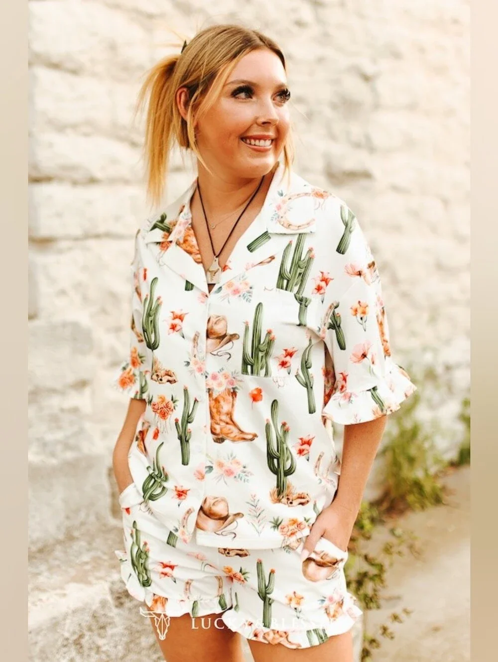 NEW Cactus Western Printed Button Down Ruffle Sleeve Shorts Set